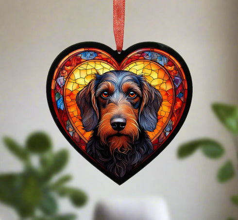 Dachshund Wirehaired Stained Glass Effect Heart Suncatcher